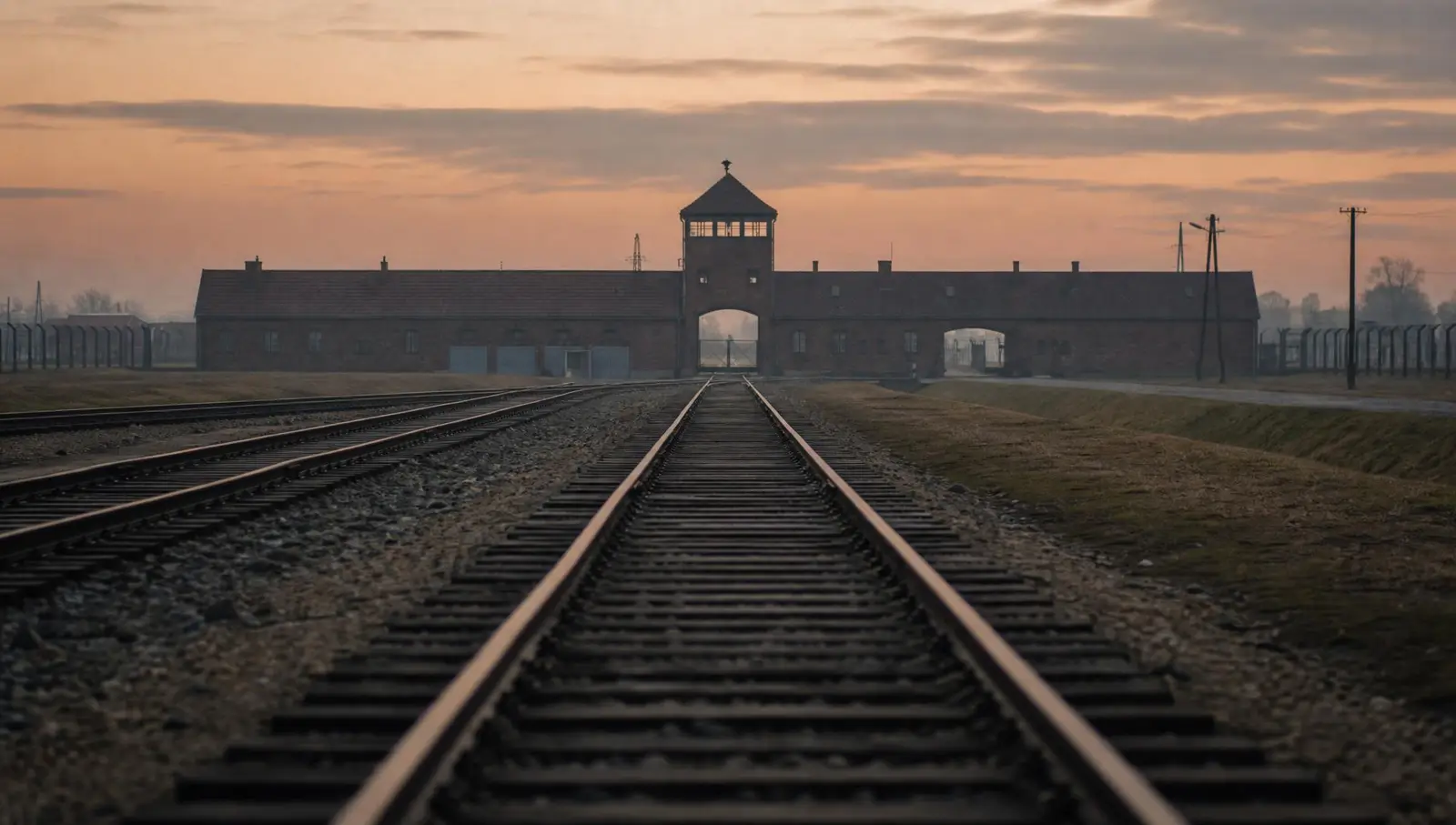 Tory kolejowe prowadzące do bramy Birkenau